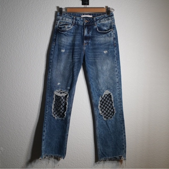Zara Denim - Zara TRF High Rise Distressed Raw Hem Denim Fish Net Ripped Knee Jeans Size 4